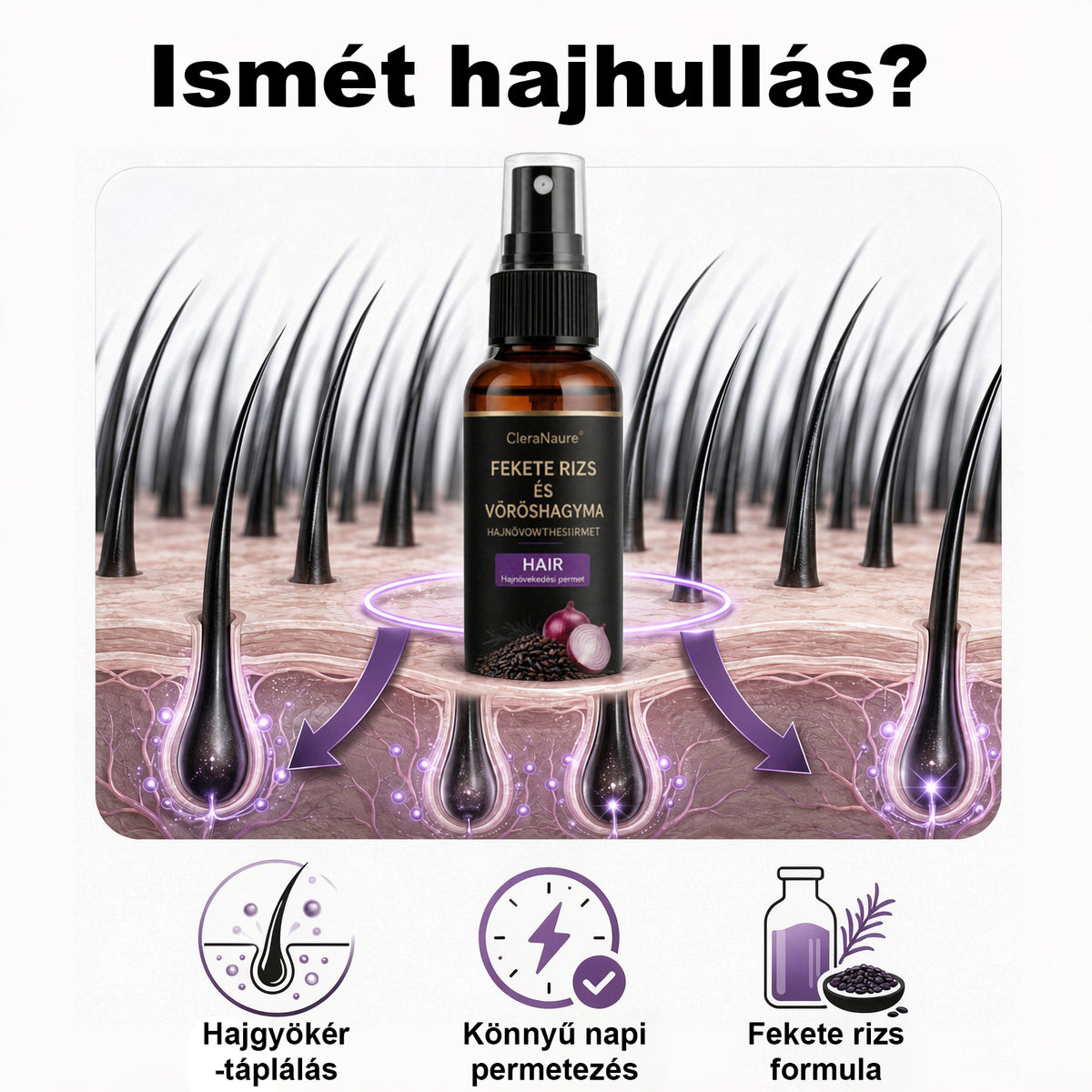 CleraNaure® Fekete rizs és vöröshagyma hajnövekedést támogató spray
